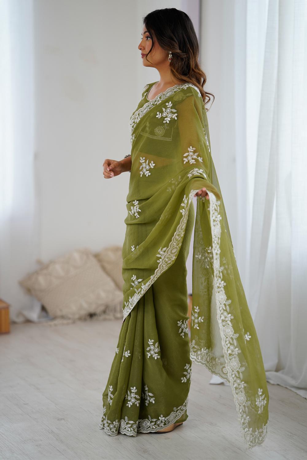 Lata Olive Georgette Floral Embroidered Ready to Wear Saree