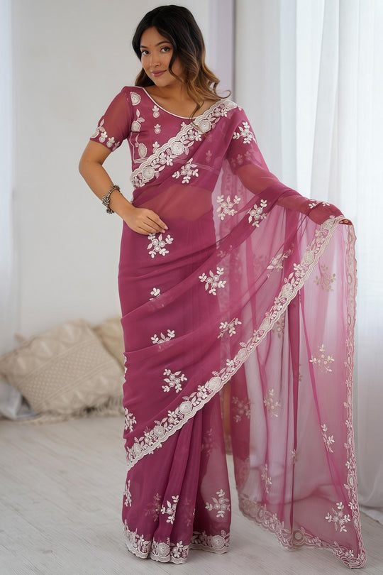 Lata Mauve Georgette Floral Embroidered Ready to Wear Saree