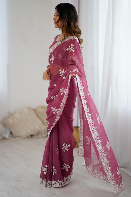 Lata Mauve Georgette Floral Embroidered Ready to Wear Saree
