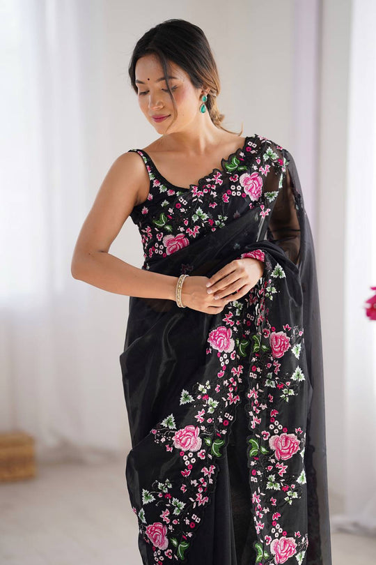 Trina Black Twill Net Floral Embroidered Border Ready to Wear One Minute Saree