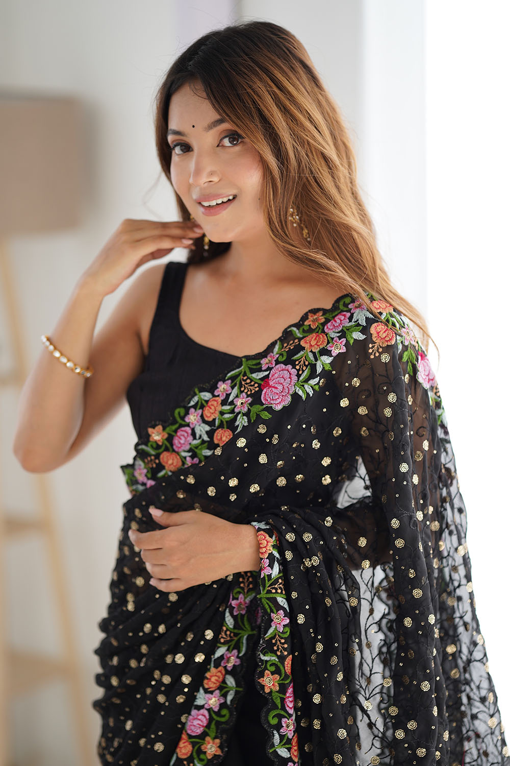 Isabella Black Georgette with Sequins & Floral Work One Minute Saree