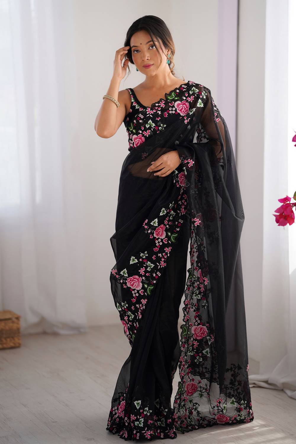 Trina Black Twill Net Floral Embroidered Border Ready to Wear One Minute Saree