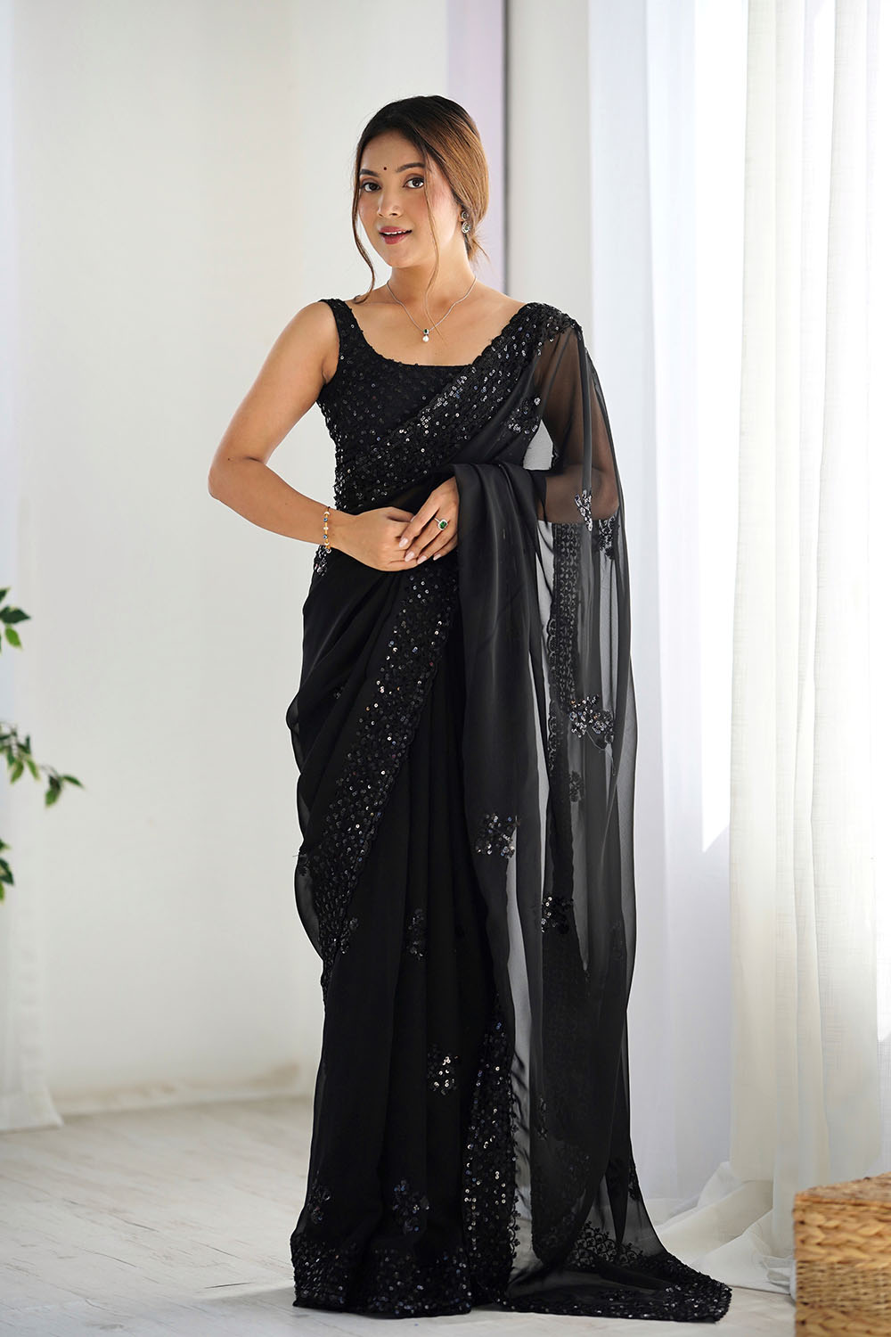 Tyra Black Georgette Net Embroidered Sequins One Minute Saree
