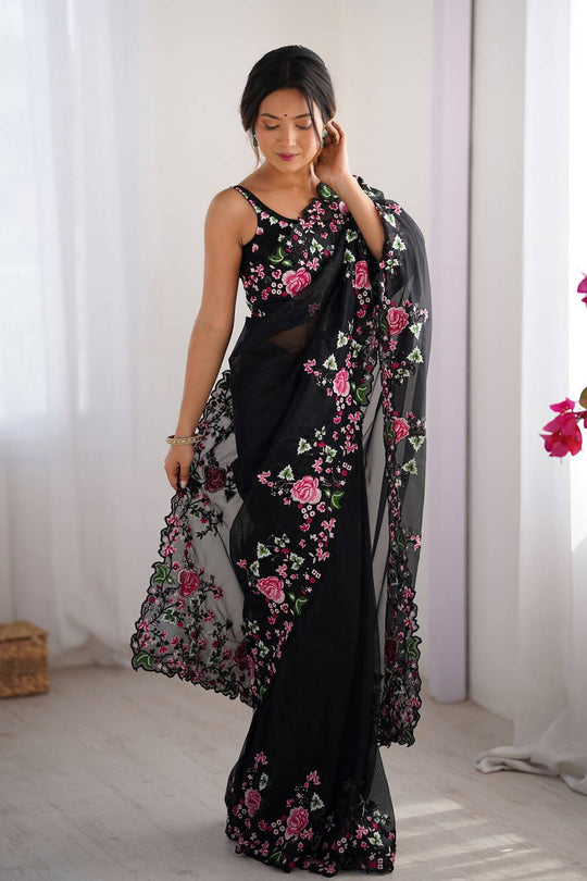 Trina Black Twill Net Floral Embroidered Border Ready to Wear One Minute Saree