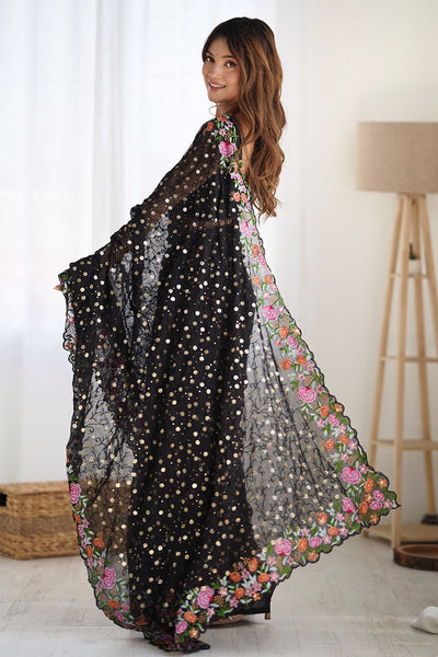 Isabella Black Georgette with Sequins & Floral Work One Minute Saree