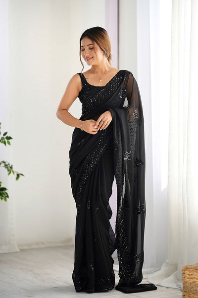 Tyra Black Georgette Net Embroidered Sequins One Minute Saree