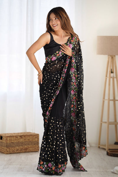 Isabella Black Georgette with Sequins & Floral Work One Minute Saree