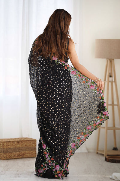 Isabella Black Georgette with Sequins & Floral Work One Minute Saree