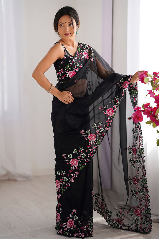 Trina Black Twill Net Floral Embroidered Border Ready to Wear One Minute Saree