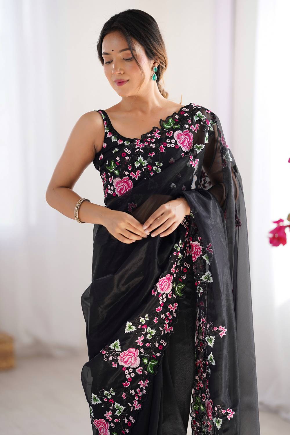 Trina Black Twill Net Floral Embroidered Border Ready to Wear One Minute Saree