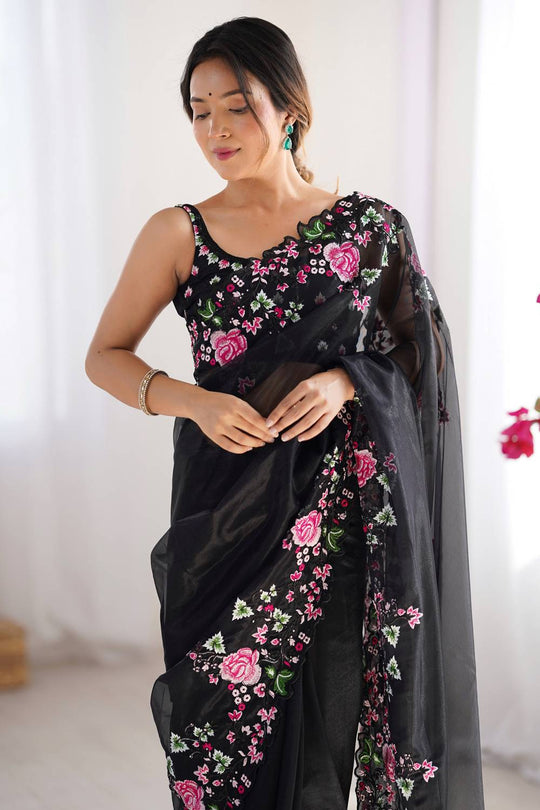 Trina Black Twill Net Floral Embroidered Border Ready to Wear One Minute Saree