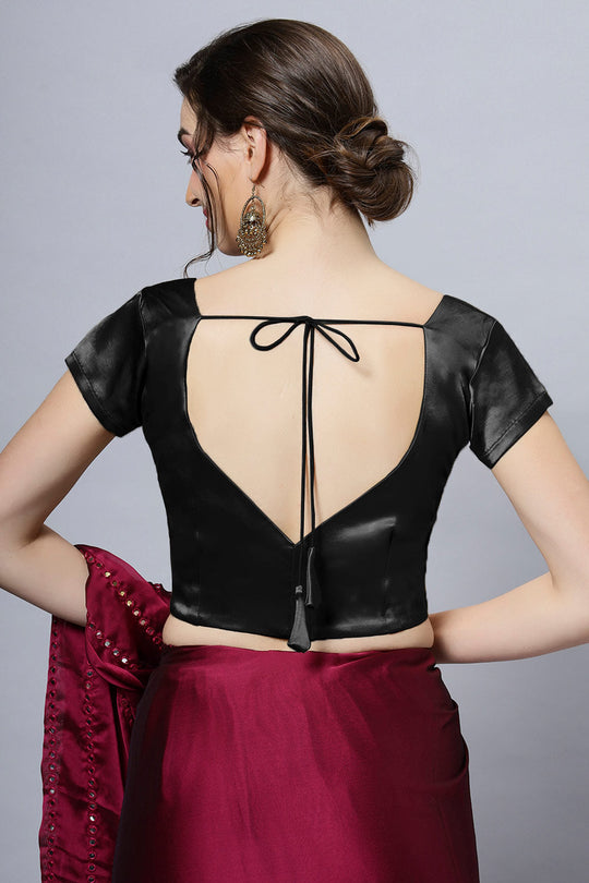 Mena Black Satin Comfort Stretch Leaf Neck Short Sleeve Blouse