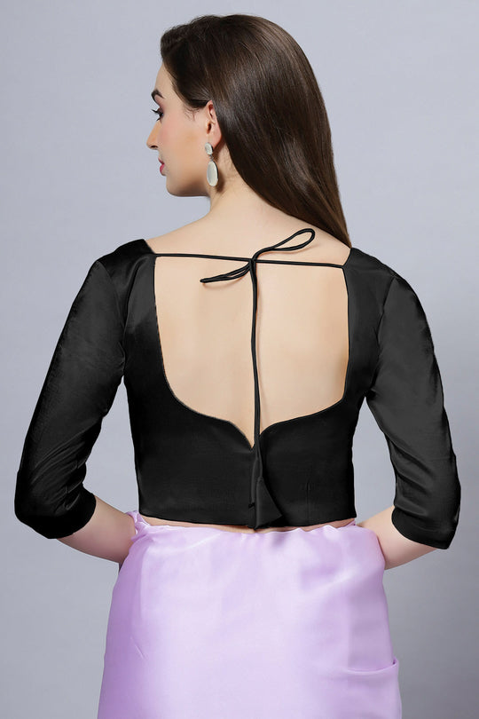 Tula Black Satin Comfort Stretch Sweetheart Neck Elbow Sleeve Blouse