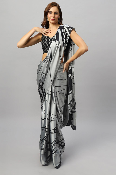 Buy Gaia Silver Printed Satin Crepe One Minute Saree Online - One Minute Saree