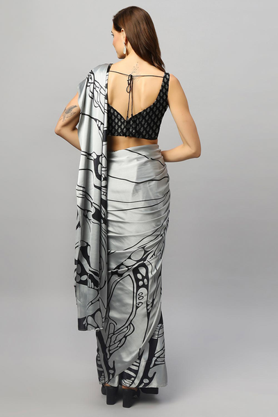 Shop Gaia Silver Printed Satin Crepe One Minute Saree at best offer at our  Store - One Minute Saree