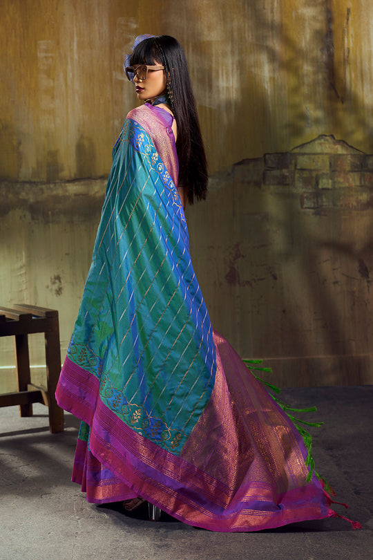 Amritsar Turquoise Blue Pure Silk Pochampally Handloom Weaving Ready to Wear Saree