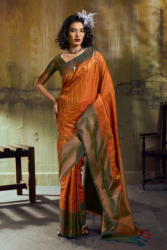 Amritsar Rust Orange Pure Silk Pochampally Handloom Weaving Ready to Wear Saree