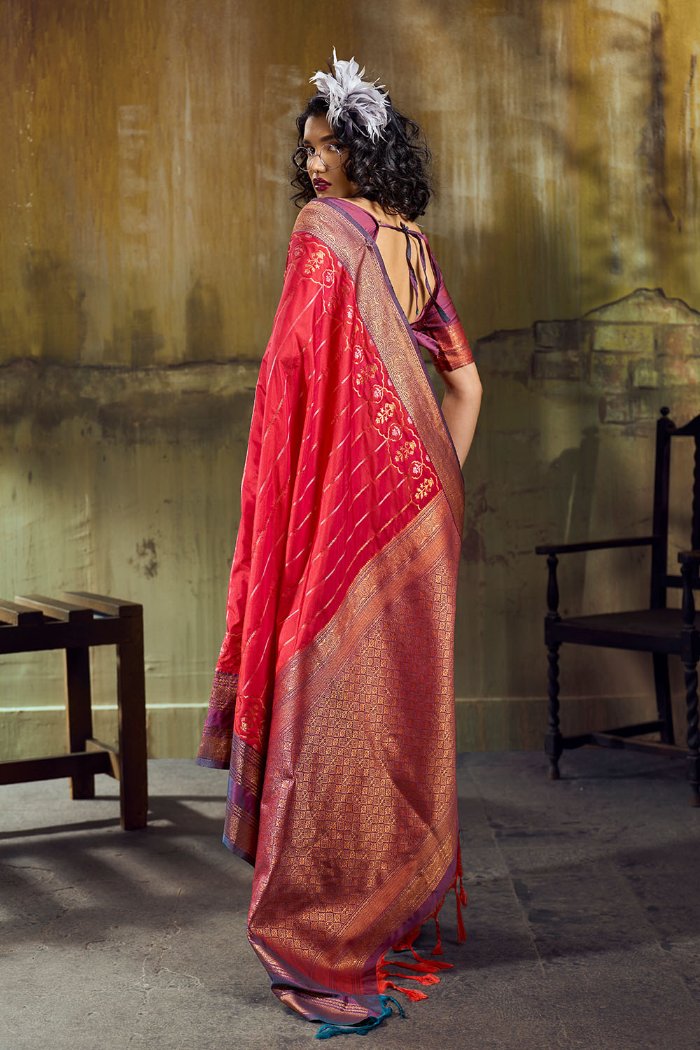 Amritsar Ruby Red Pure Silk Pochampally Handloom Weaving Ready to Wear Saree