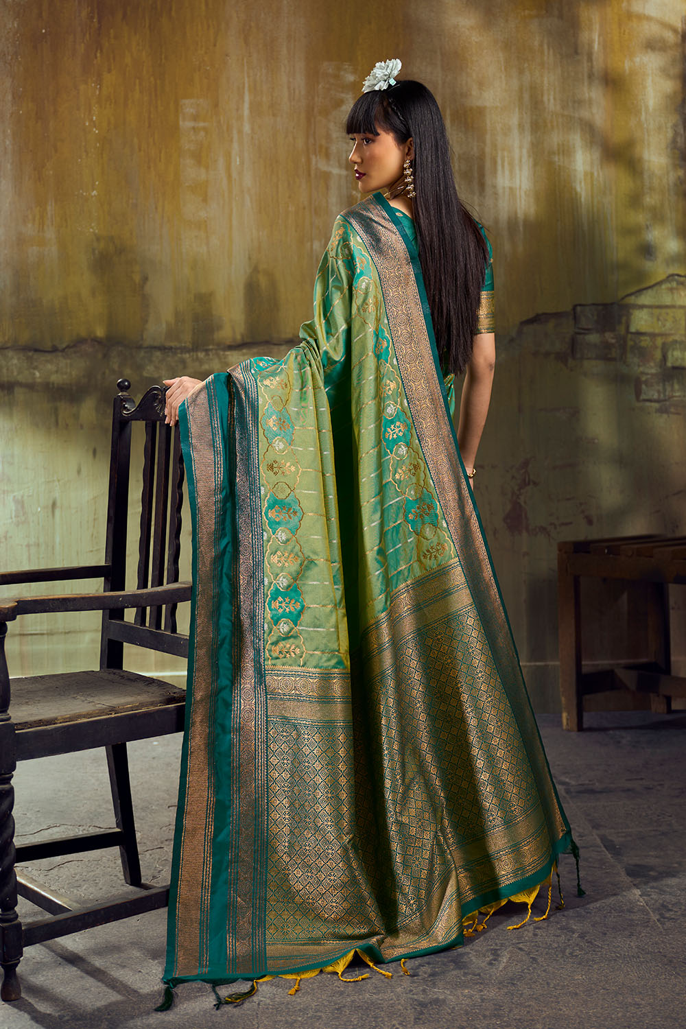 Amritsar Sea Green Pure Silk Pochampally Handloom Weaving Ready to Wear Saree