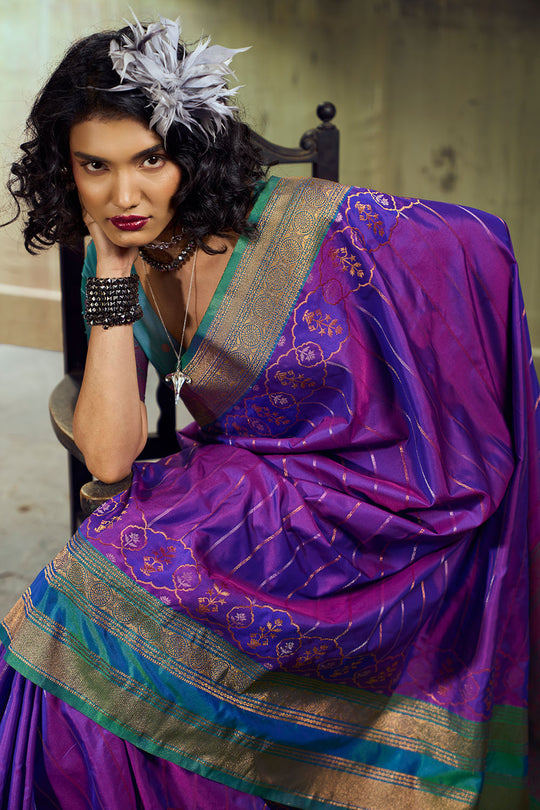 Amritsar Royal Purple Pure Silk Pochampally Handloom Weaving Ready to Wear Saree