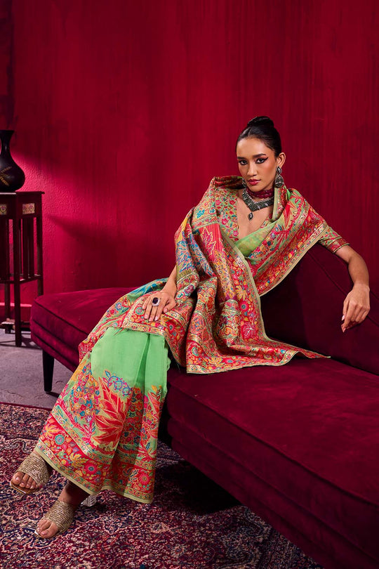 Nadine Pistachio Green Modal Cotton Pashmina Weaving Ready to Wear Saree