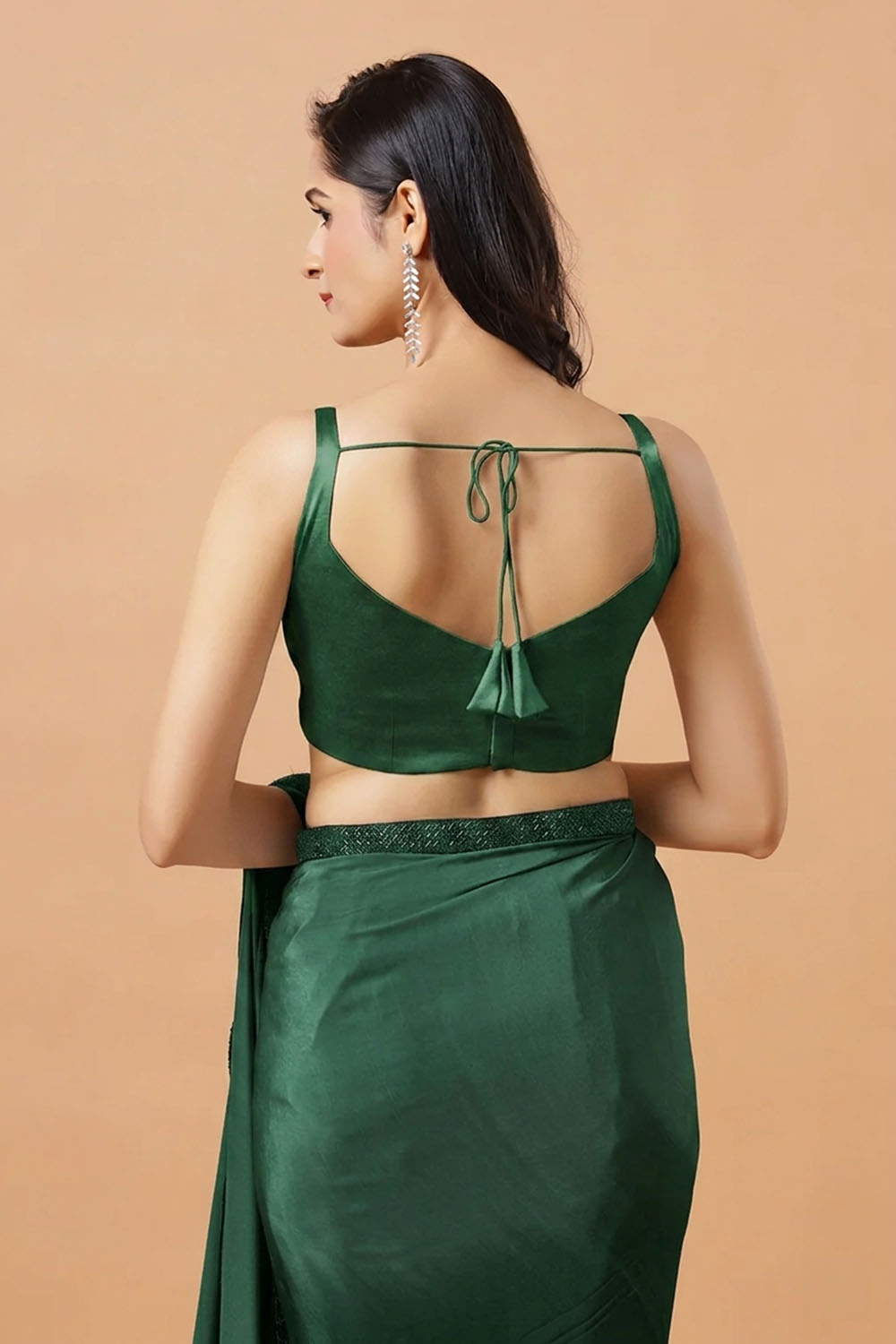 Carly Bottle Green Pentagon Neck Sleeveless Satin Comfort Stretch Blouse