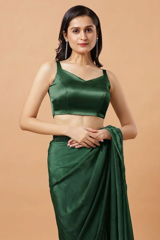 Carly Bottle Green Pentagon Neck Sleeveless Satin Comfort Stretch Blouse