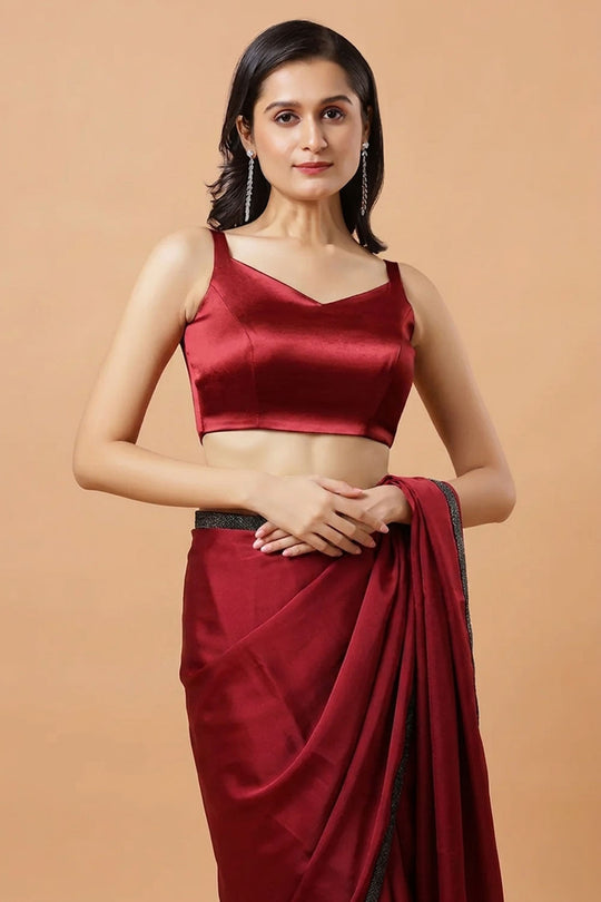 Carly Red Pentagon Neck Sleeveless Satin Comfort Stretch Blouse