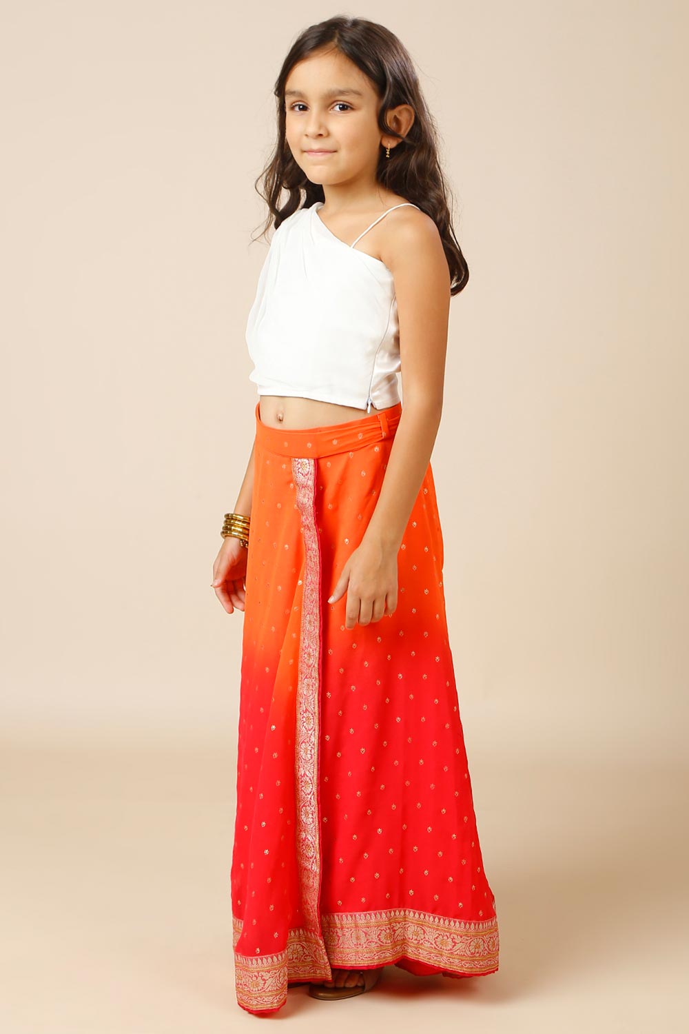 Celia Pink & Orange Georgette Wrap Around Saree Skirt for Kids & Tweens