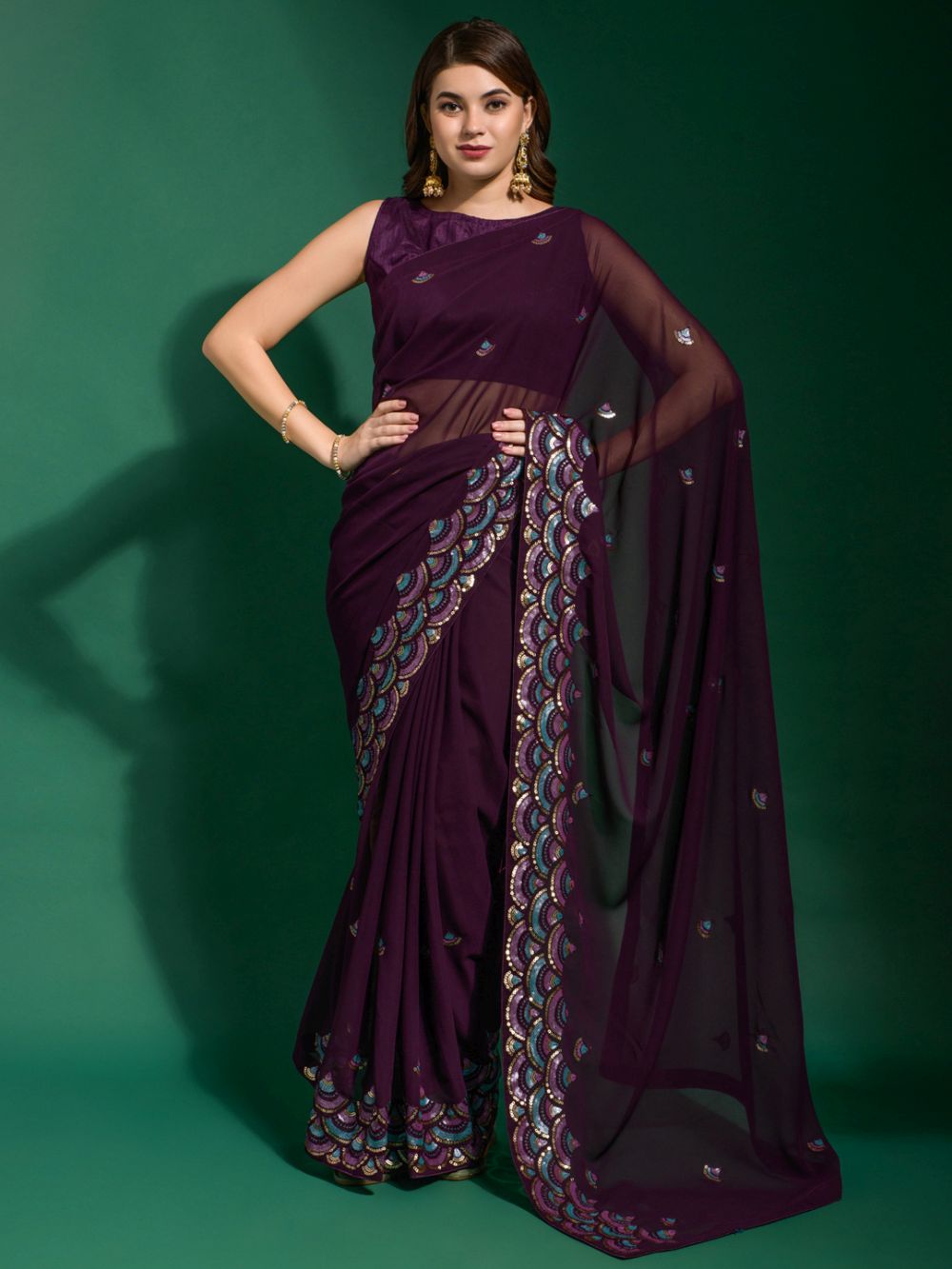 Shayla Violet Georgette Sequins One Minute Saree