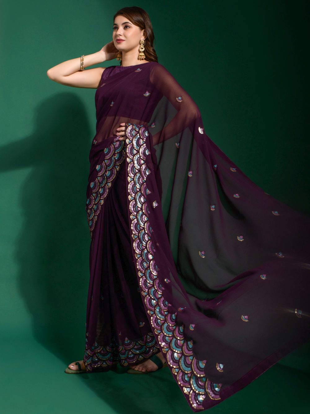 Shayla Violet Georgette Sequins One Minute Saree