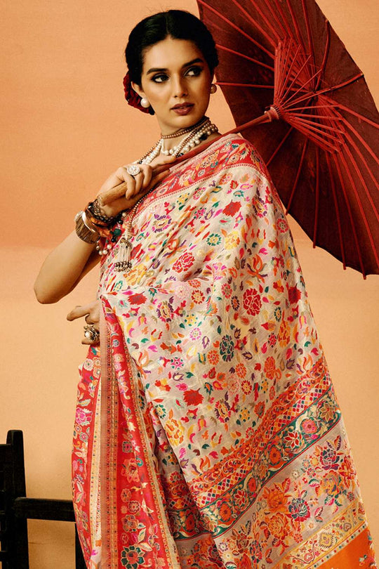 Sienna Cream Cotton Silk Floral Ready To Wear One Minute Saree