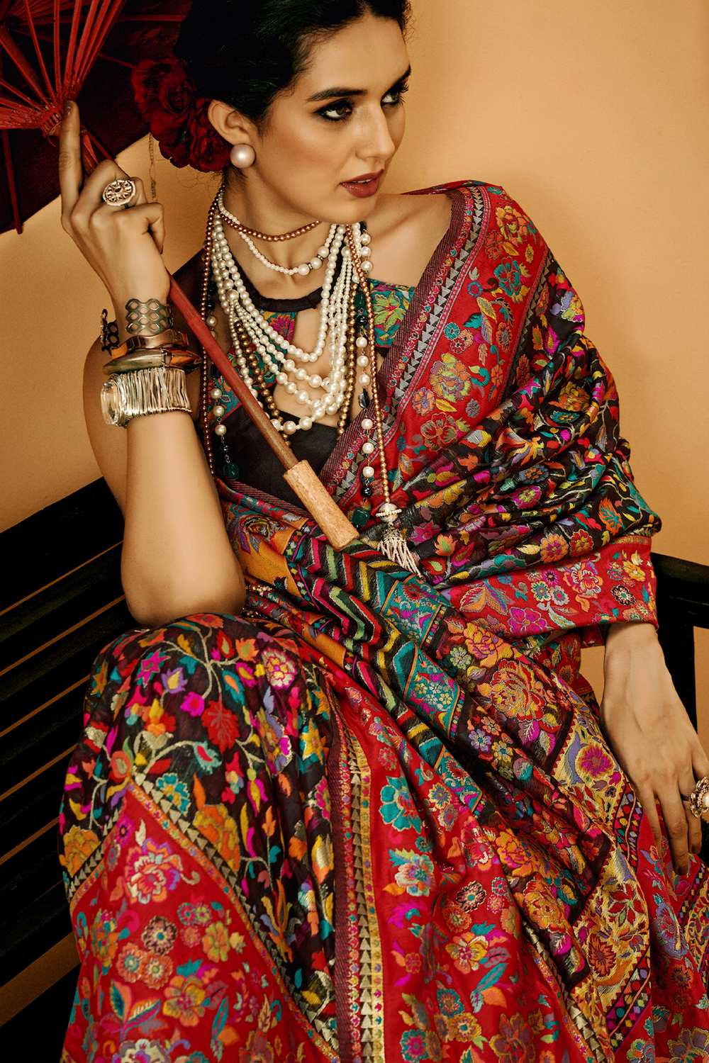 Sienna Black Cotton Silk Floral Ready To Wear One Minute Saree