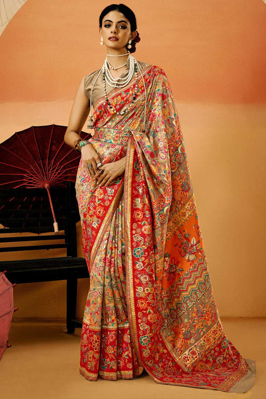 Sienna Beige Cotton Silk Floral Ready To Wear One Minute Saree