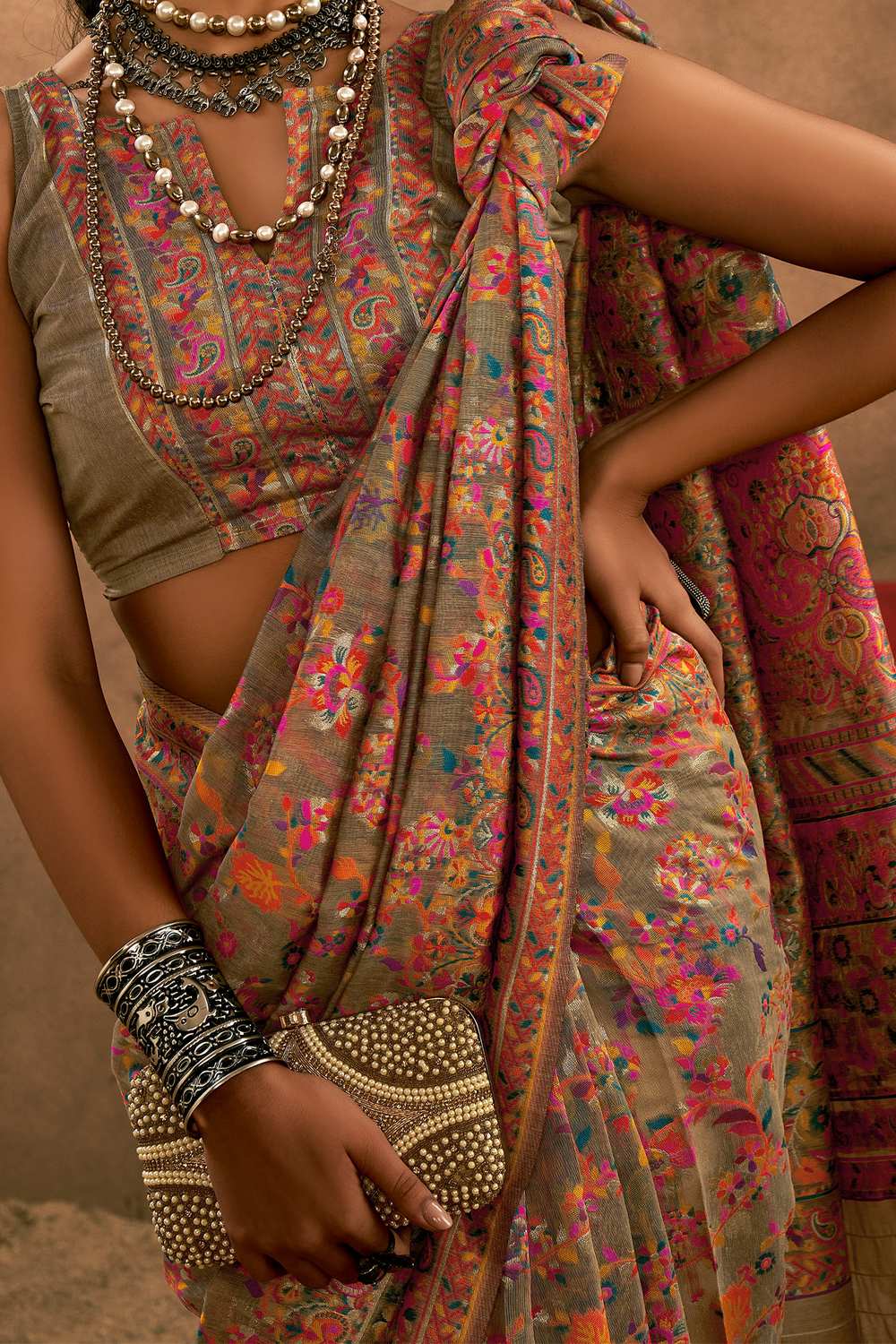 Osha Beige Silk Floral Ready To Wear One Minute Saree