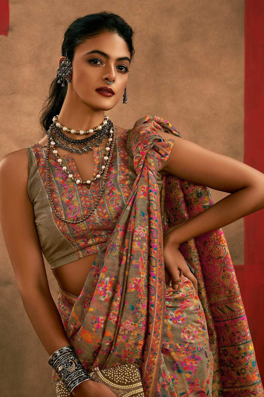 Osha Beige Silk Floral Ready To Wear One Minute Saree