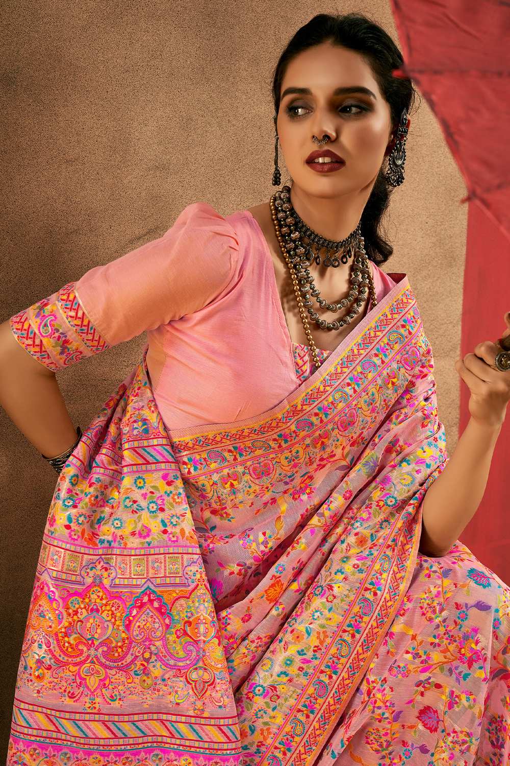 Sienna Pink Cotton Silk Floral Ready To Wear One Minute Saree