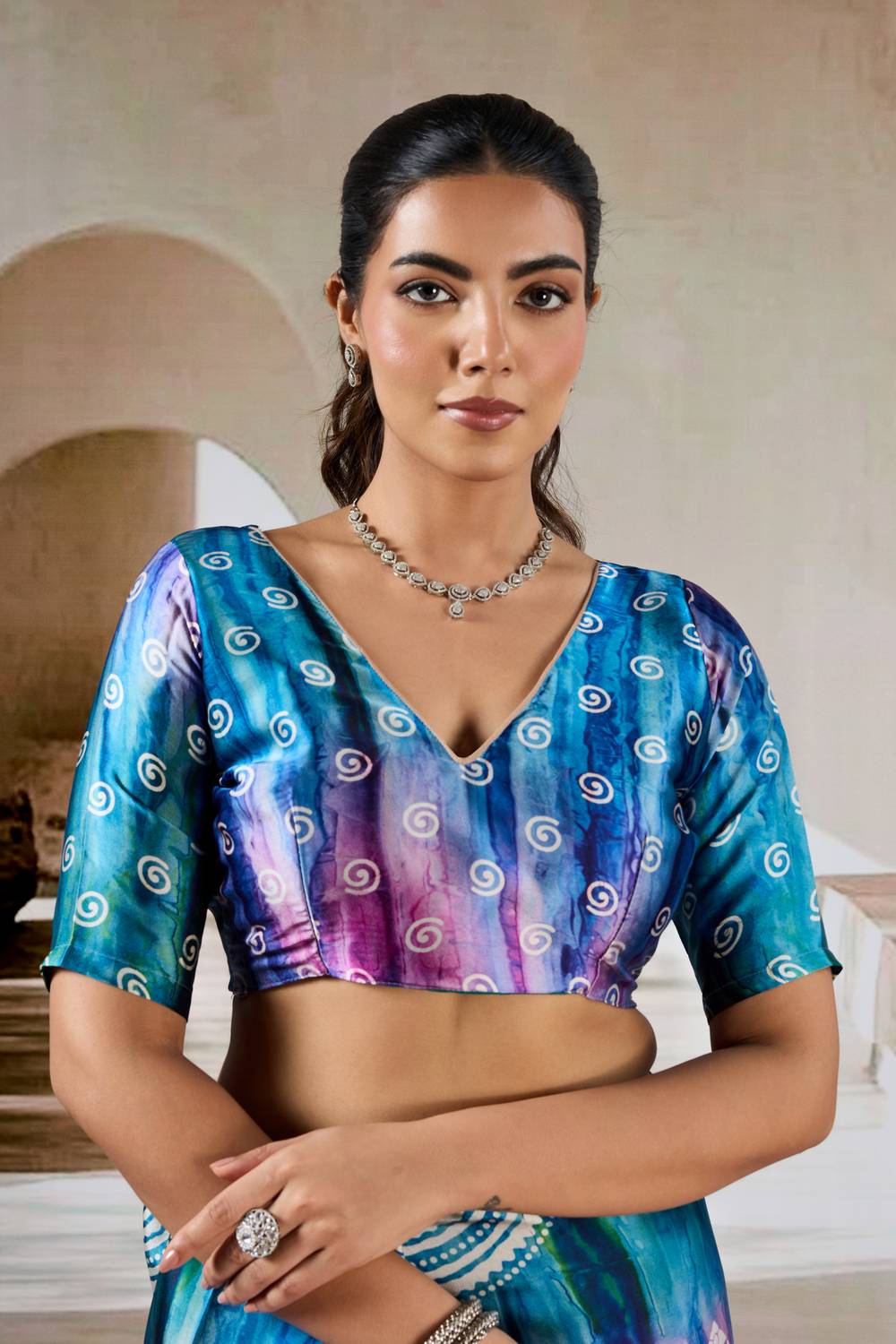 Talia Teal & Violet Prism Print Modal Satin Ready to Wear Saree