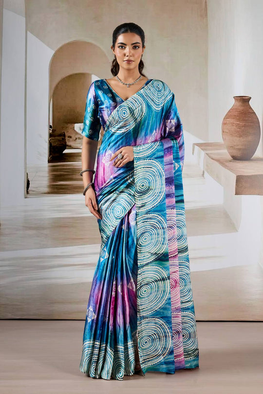 Talia Teal & Violet Prism Print Modal Satin Ready to Wear Saree