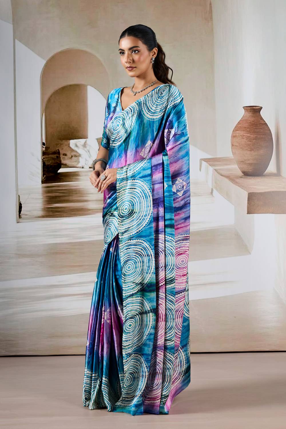 Talia Teal & Violet Prism Print Modal Satin Ready to Wear Saree