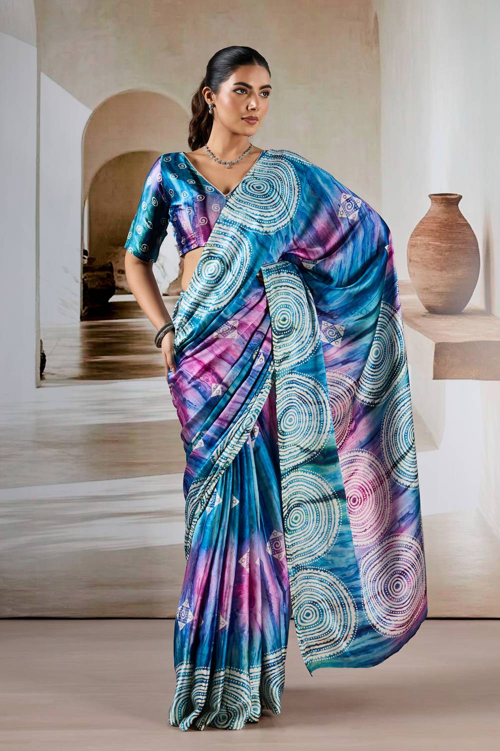 Talia Teal & Violet Prism Print Modal Satin Ready to Wear Saree