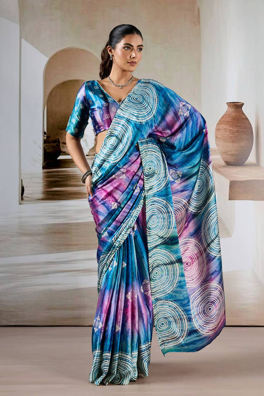 Talia Teal & Violet Prism Print Modal Satin Ready to Wear Saree