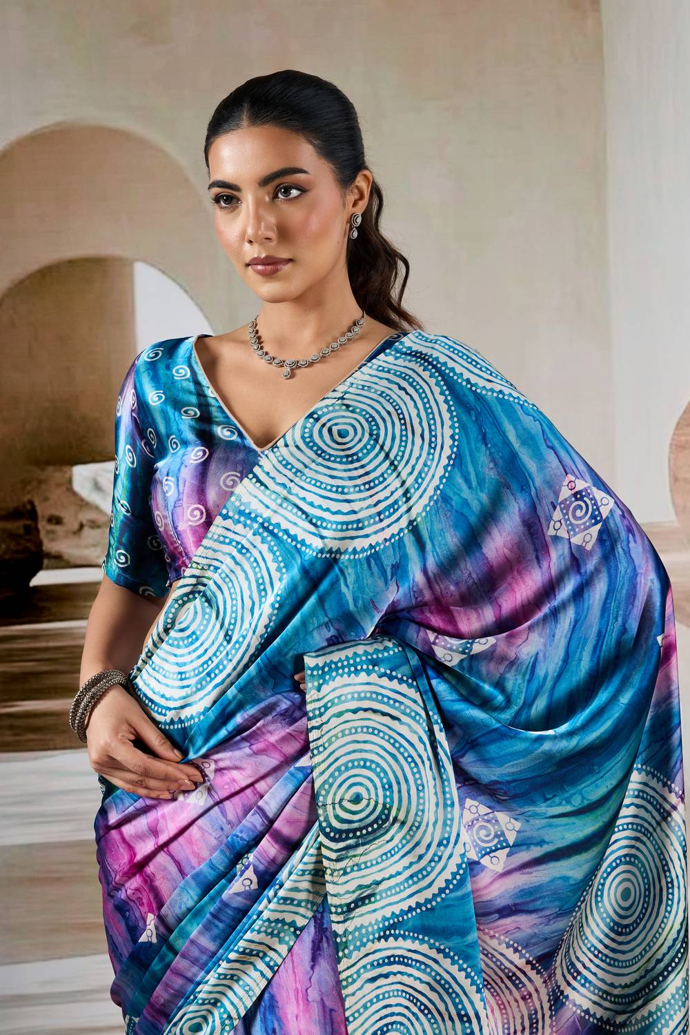 Talia Teal & Violet Prism Print Modal Satin Ready to Wear Saree
