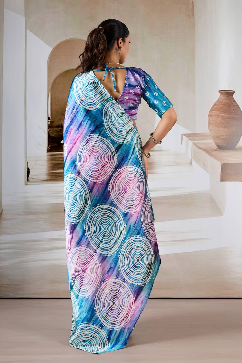 Talia Teal & Violet Prism Print Modal Satin Ready to Wear Saree
