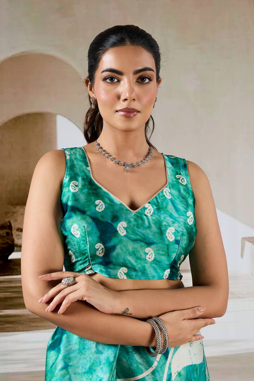 Talia Sea Green Modal Satin Printed Ready To Wear Saree