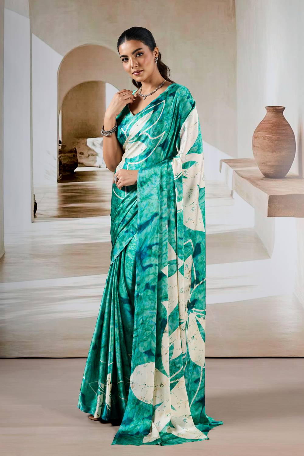 Talia Sea Green Modal Satin Printed Ready To Wear Saree