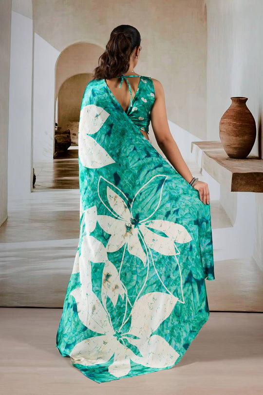 Talia Sea Green Modal Satin Printed Ready To Wear Saree