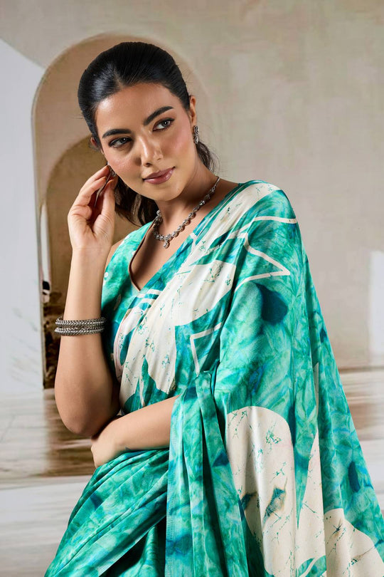 Talia Sea Green Modal Satin Printed Ready To Wear Saree
