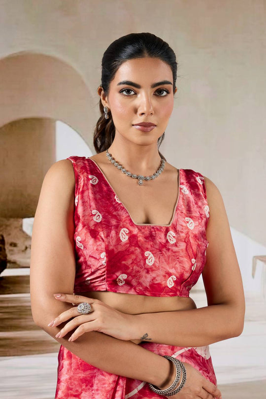 Talia Crimson Red Modal Satin Printed Ready To Wear Saree