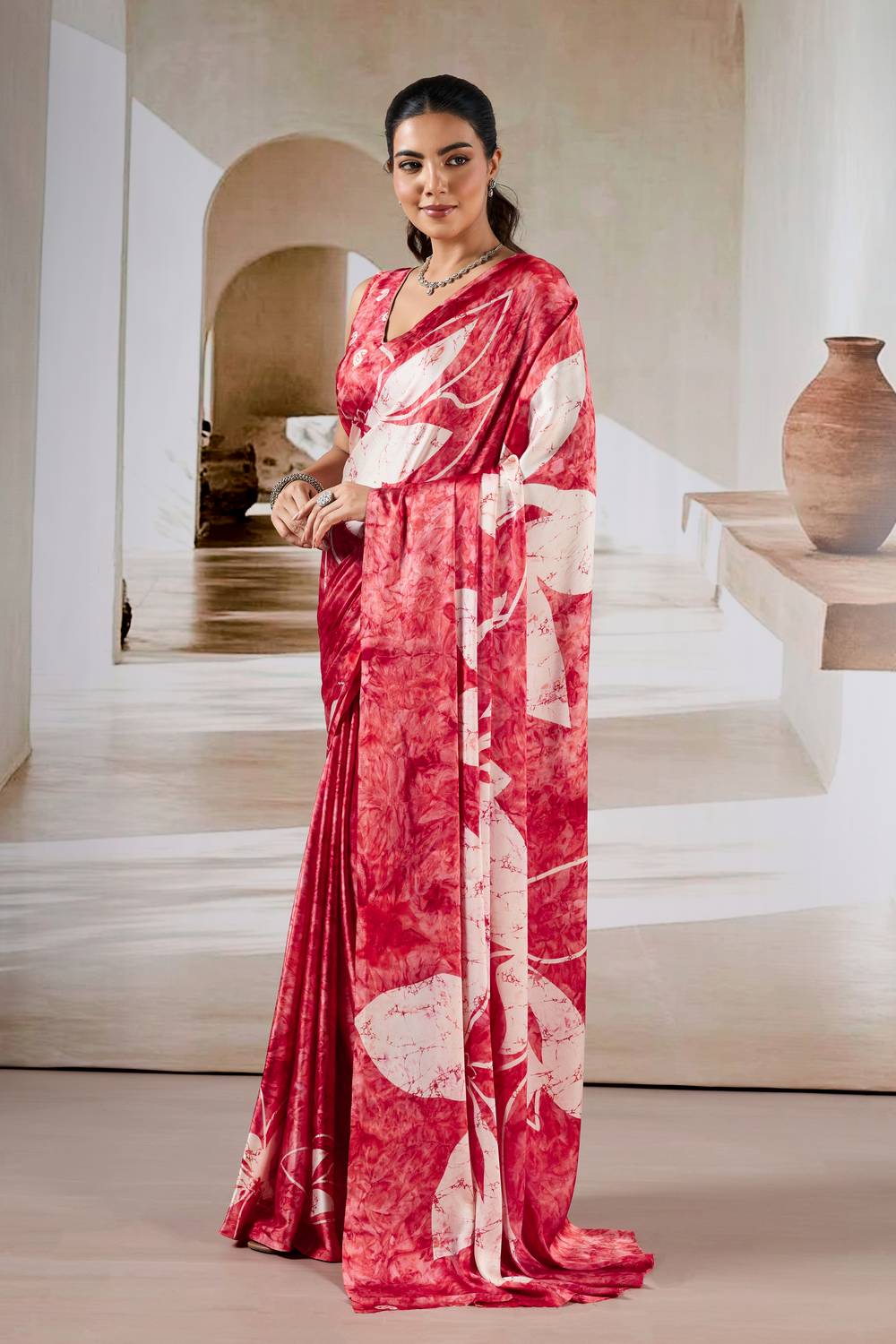 Talia Crimson Red Modal Satin Printed Ready To Wear Saree